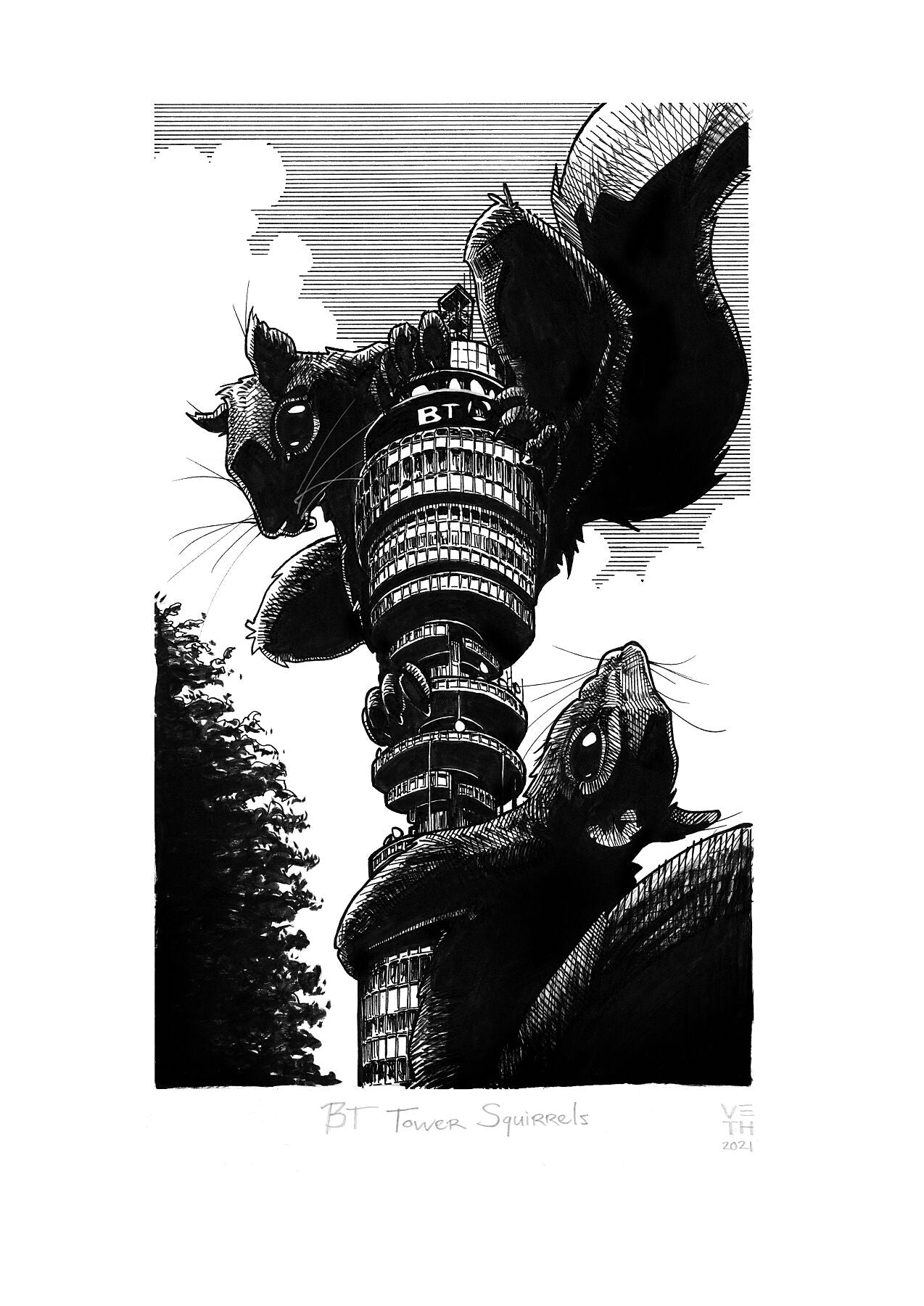 BT Tower Squirrels // Giclée Art Print